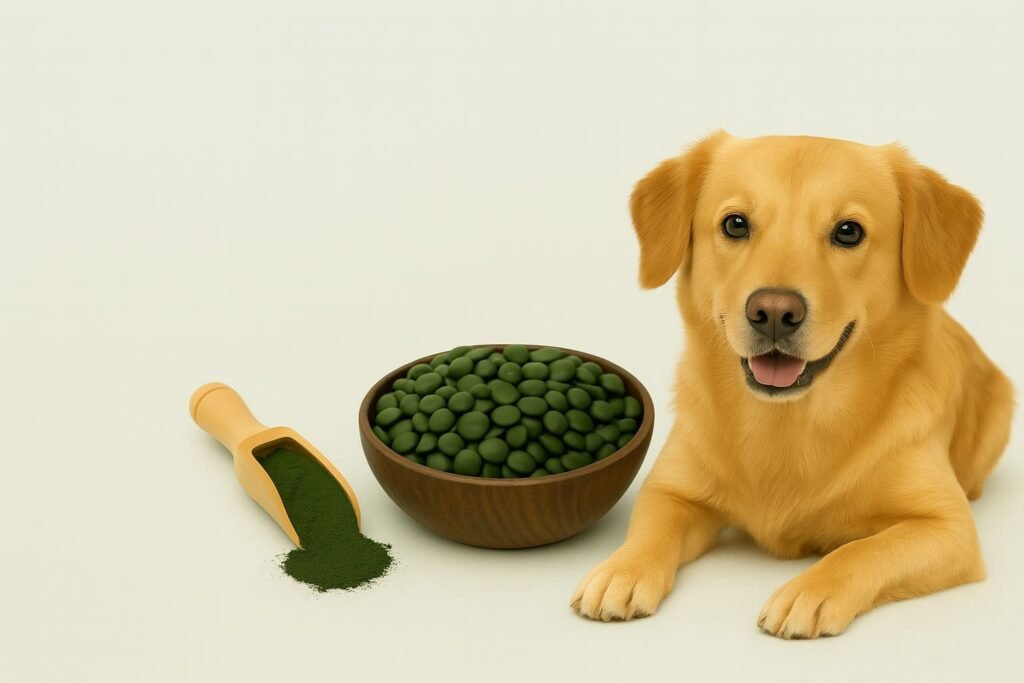 chlorella-fuer-hunde-hund-neben-chlorella-pulver