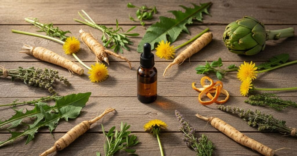 Stillleben mit bitterstoffhaltigen Pflanzen und Kräutern rund um eine Pipettenflasche auf Holzuntergrund