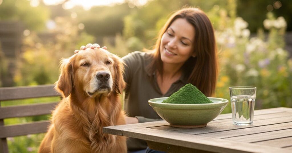 Frau streichelt ihren Hund im Garten, Chlorella-Pulver als Teil eines bewussten Hundealltags