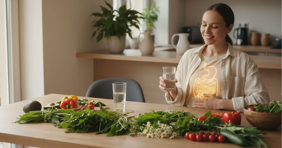 Ganzheitliche Darmsanierung im Alltag mit symbolischer Darmdarstellung und frischen Wildkräutern