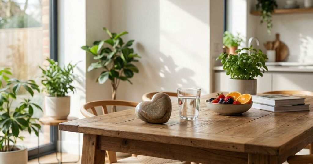 Dekoratives, herzförmiges Objekt auf einem Holztisch neben Wasser und Obst in heller Wohnumgebung – sinnbildlich für Herzgesundheit und einen achtsamen Lebensstil.