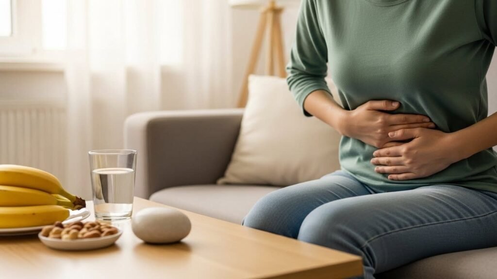 Person hält entspannt den Bauch, daneben Wasser, Banane, Nüsse und ein dekorativer Mineralstein als Symbol für Magnesium und eine gut verträgliche Einnahme.