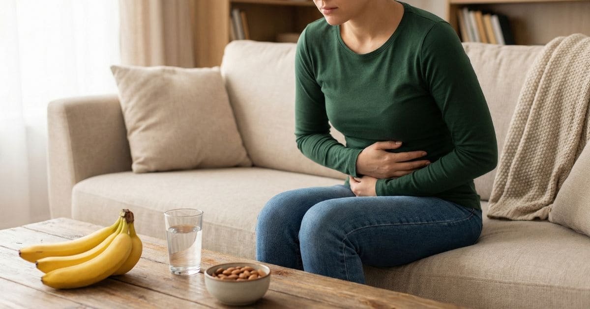 Person hält den Bauch, daneben Wasser, Banane und Nüsse als Symbol für verträgliche Magnesium-Einnahme