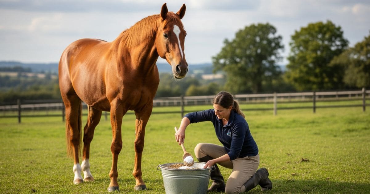 Frau füttert ein Pferd auf einer Wiese und mischt ein Ergänzungsfutter in den Trog