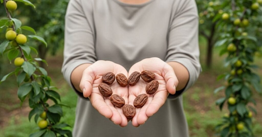 Sharepflaumen liegen herzförmig auf offenen Händen vor einem Sharepflaumenbaum im Hintergrund