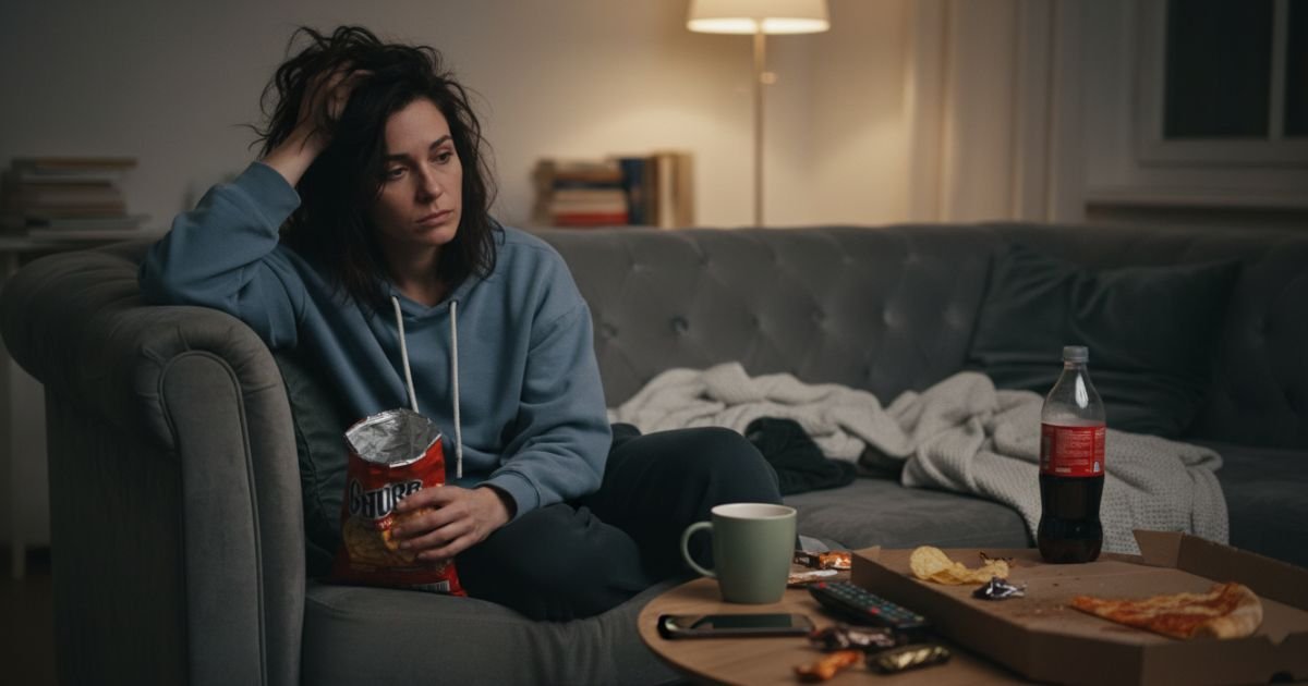 Frau sitzt nachdenklich auf dem Sofa im Alltag – Symbolbild für Müdigkeit und Erschöpfung