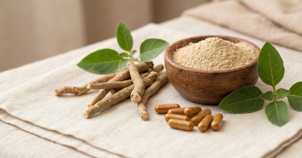 Ashwagandha Wurzeln, Pulver und Kapseln in natürlicher Darstellung auf hellem Hintergrund