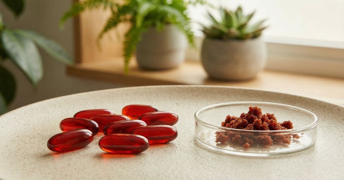 Astaxanthin Softgel-Kapseln mit Mikroalgen in Glasschale, im Hintergrund grüne Pflanzen – modernes Still-Life zum Thema Astaxanthin Wirkung und Erfahrungen