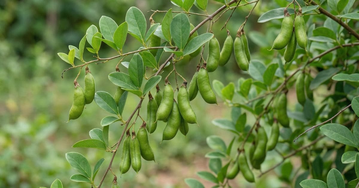 Griffonia simplicifolia Pflanze mit grünen Samen-Schoten als natürliche Quelle von 5-HTP