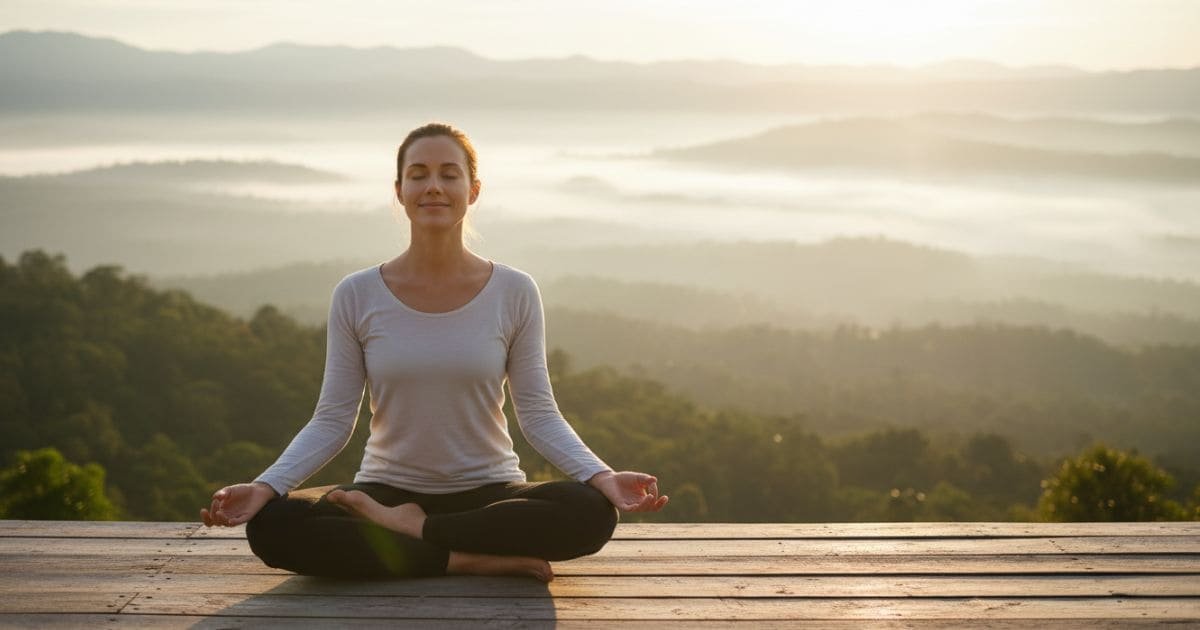 Frau meditiert friedlich in der Natur bei Sonnenaufgang und findet innere Klarheit auf ihrem spirituellen Seelenweg.