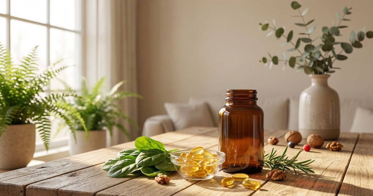 Alpha-Liponsäure Kapseln auf Tisch mit Pflanzen im Hintergrund in ruhiger Wellness-Szene