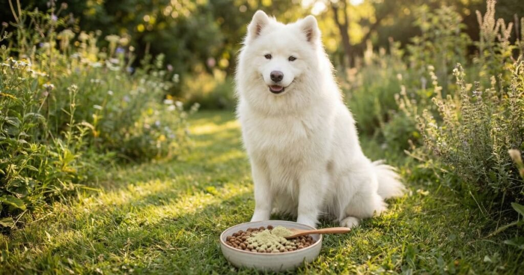 Glücklicher Samojede mit Futter und Nahrungsergänzung – natürliche Nahrungsergänzung für Hunde