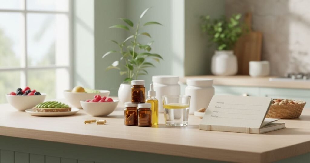 Wann welche Nahrungsergänzungsmittel einnehmen – helle Wellness-Szene mit Vitaminen, Wasser und Tagesplan.