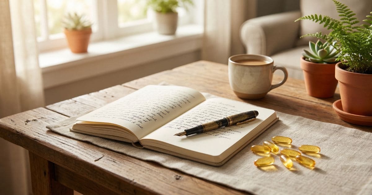 Symbolbild zu Alpha-Liponsäure Erfahrungsberichten mit Notizbuch und Kapseln in ruhiger Alltagsszene