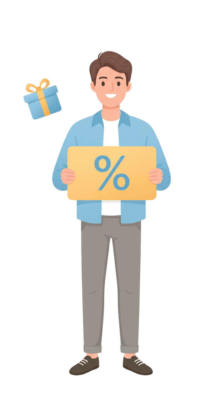 Illustration einer freundlichen Person mit Gutscheincode-Symbol, Geschenk und Sparsymbolen für Vorteile bei Gesundheitsparadies