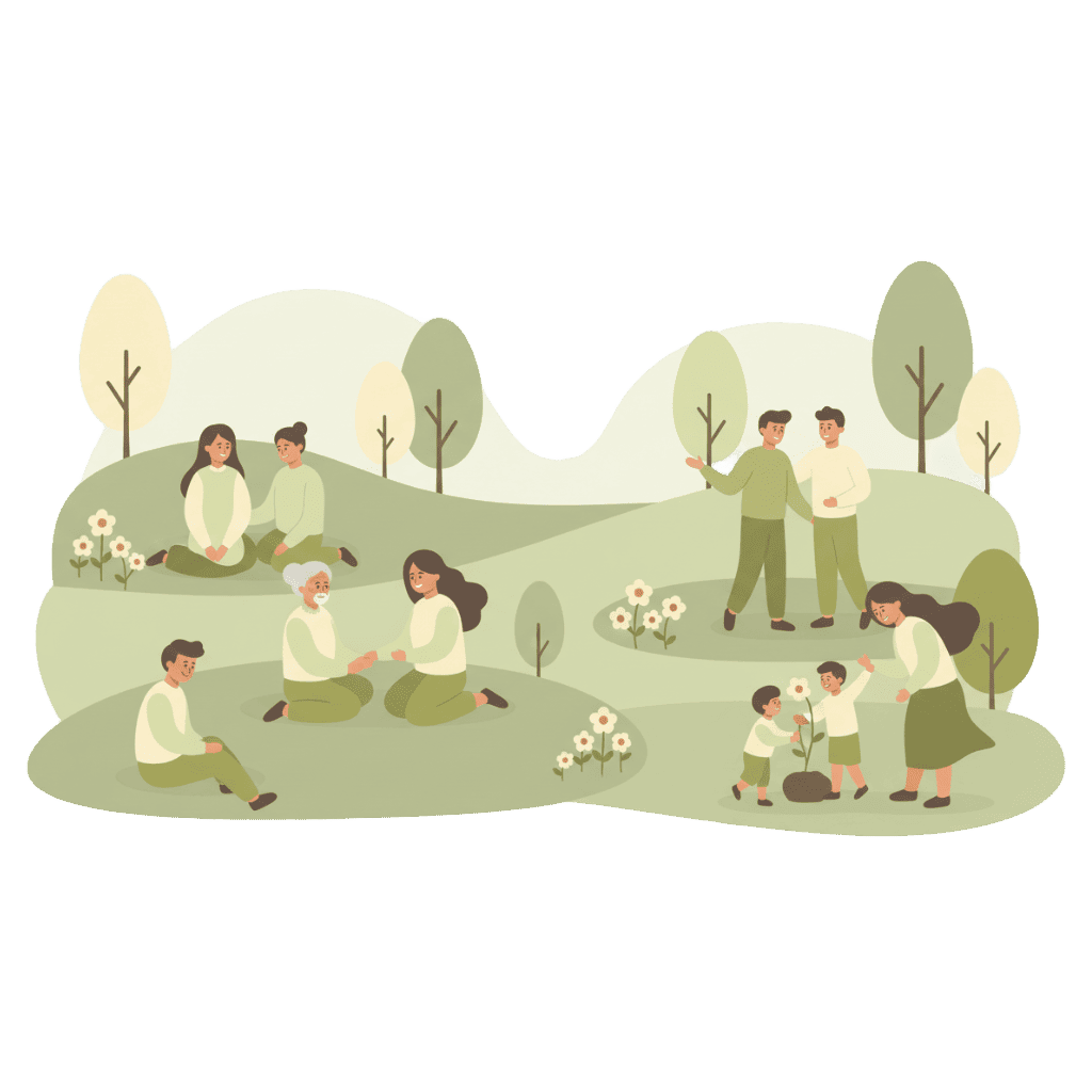 Illustration mit glücklichen Menschen in einer harmonischen, naturverbundenen Welt als Symbol für Vision und gemeinsames Wohlbefinden