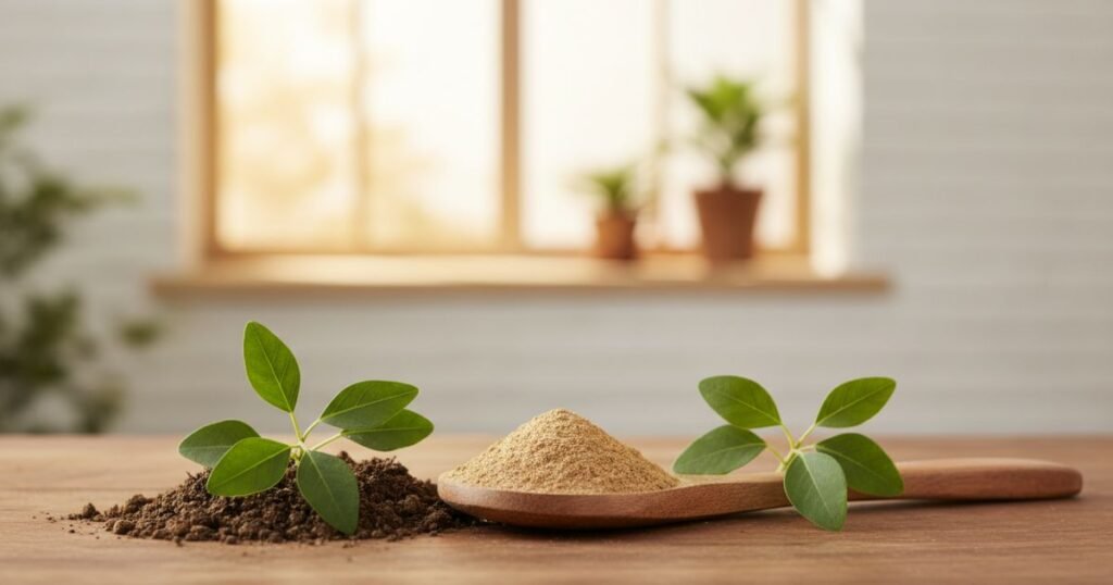 Ashwagandha Pulver in Bio-Qualität, fein gemahlenes Pflanzenpulver mit natürlicher Darstellung