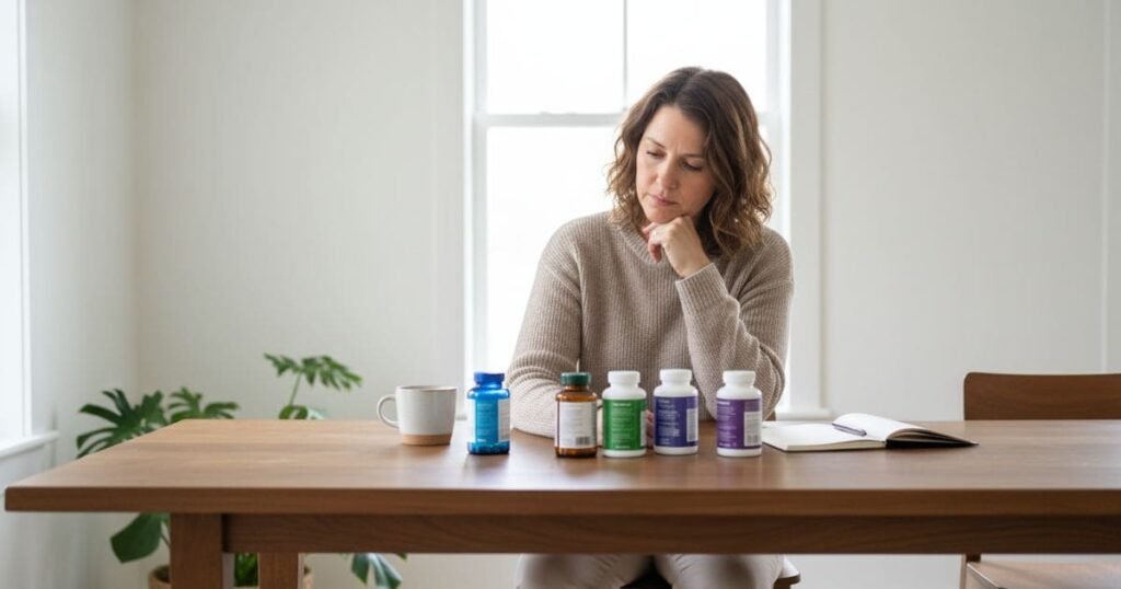 Frau vergleicht verschiedene Nahrungsergänzungsmittel für das Immunsystem am Tisch