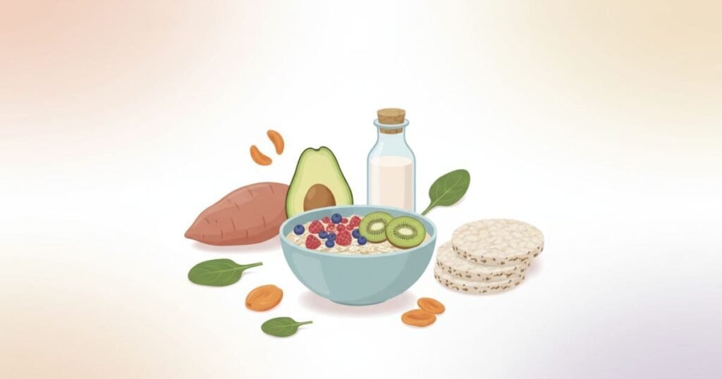 Gesundheitsillustration mit ausgewählten Lebensmitteln als Symbol für Ernährung und Nährstoffe