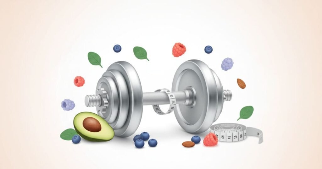 Gesundheitsillustration mit Hantel, Maßband und ausgewählten Lebensmitteln als Symbol für Gewicht und Stoffwechsel
