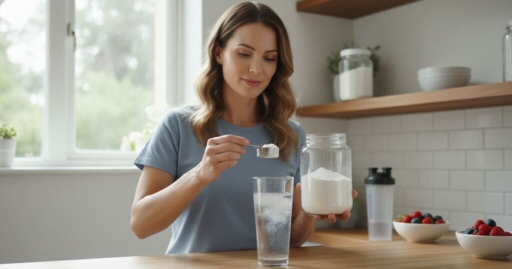 Frau bereitet Kollagenpulver in einem Glas in ihrer Küche zu