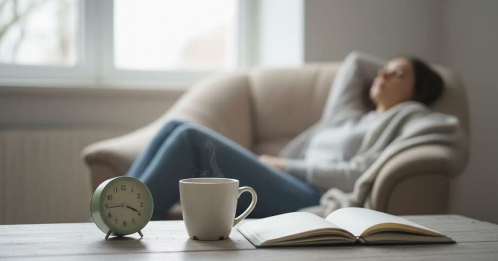 Kaffeetasse auf dem Tisch, im Hintergrund eine müde Frau auf dem Sofa
