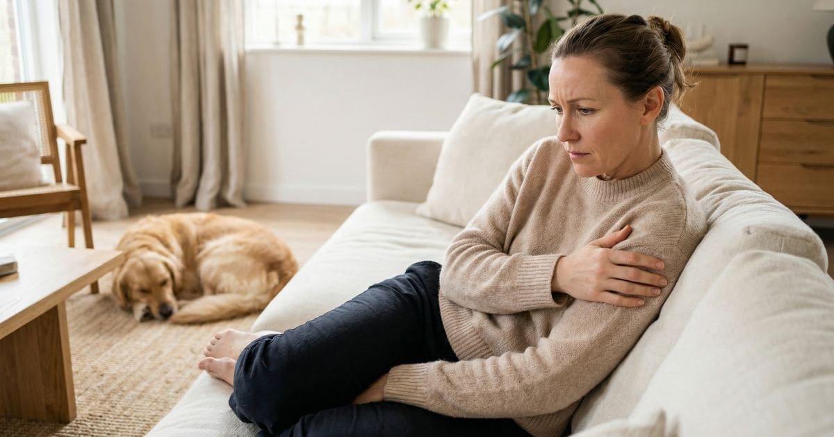 Person sitzt im Wohnzimmer und hält den Oberarm mit leichtem Unbehagen