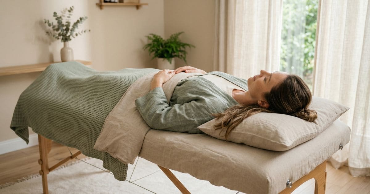 Person liegt entspannt auf einer Liege und reflektiert Erfahrungen mit Abnehmen im Liegen im Alltag