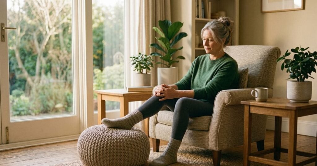 Eine entspannte Frau im Sessel pflegt ihre Kniegelenke bei Tageslicht.