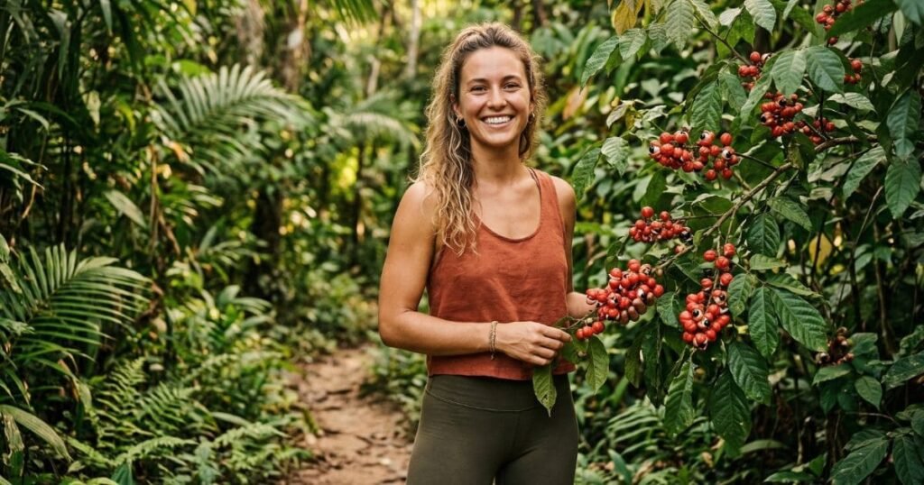 Frau steht energiegeladen vor einer Guarana-Pflanze mit roten Früchten im tropischen Umfeld