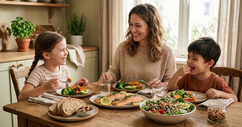 Mutter und Kinder essen gemeinsam gesunde Mahlzeit mit omega-3-reichen Lebensmitteln wie Fisch, Nüssen und Gemüse