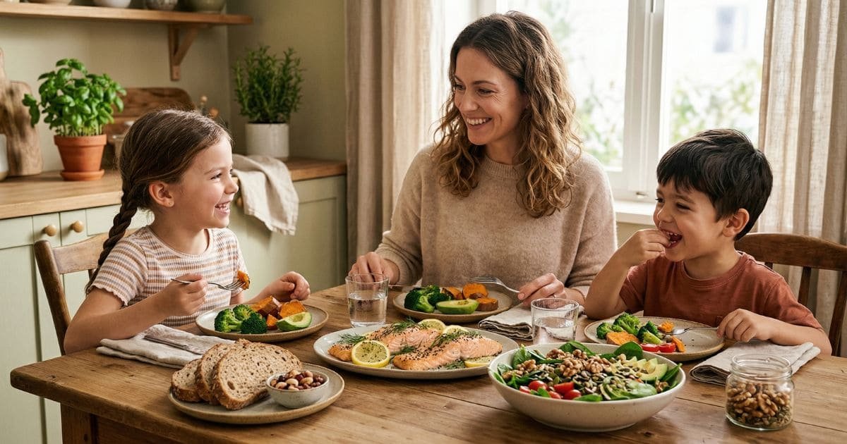 Mutter und Kinder essen gemeinsam gesunde Mahlzeit mit omega-3-reichen Lebensmitteln wie Fisch, Nüssen und Gemüse