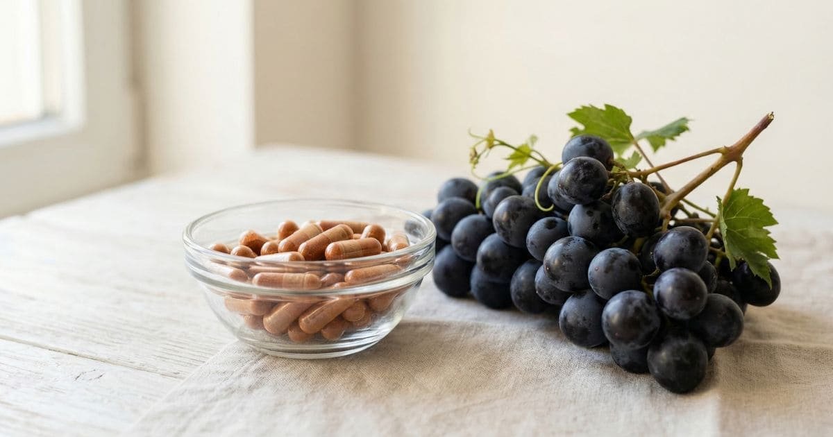 OPC Kapseln in Glasschale neben frischen Weintrauben im Alltag