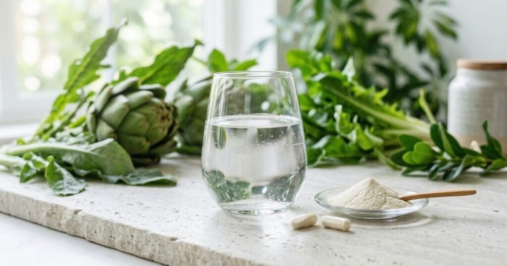 Hochwertige Probiotika-Kapseln mit Pulver, Artischocke und Wasser zur sanften Unterstützung beim Darmflora aufbauen.