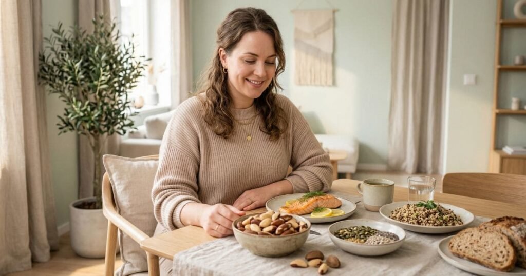 Frau mit ausgewogener Ernährung und selenreichen Lebensmitteln wie Nüssen und Fisch zur Unterstützung von Stoffwechsel und Körpergewicht