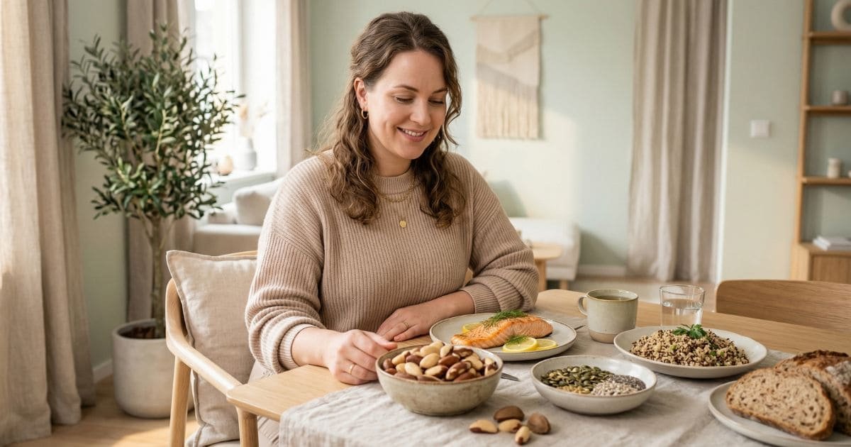 Frau mit ausgewogener Ernährung und selenreichen Lebensmitteln wie Nüssen und Fisch zur Unterstützung von Stoffwechsel und Körpergewicht