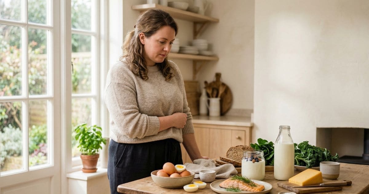 Frau betrachtet Lebensmittel mit Vitamin B12 wie Eier, Fisch und Milchprodukte im Zusammenhang mit Stoffwechsel und Körpergewicht