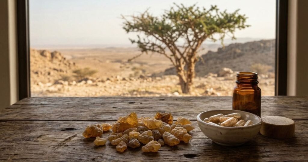 Weihrauch Harz und Kapseln auf Holztisch mit natürlicher Herkunft des Boswellia Baumes im Hintergrund
