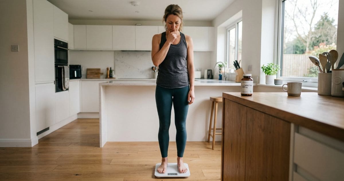 Frau steht nachdenklich auf der Waage in der Küche beim Abnehmen mit L-Carnitin Erfahrungen im Alltag