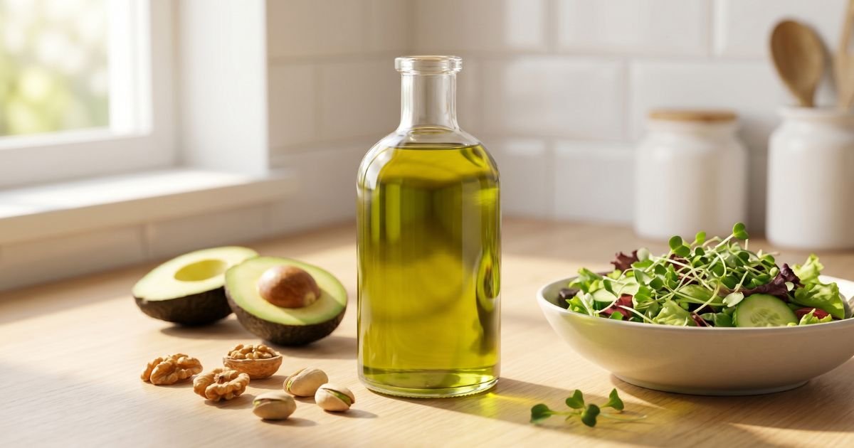 Algenöl in Glasflasche mit Avocado, Nüssen und Salat für Omega 3 Ernährung