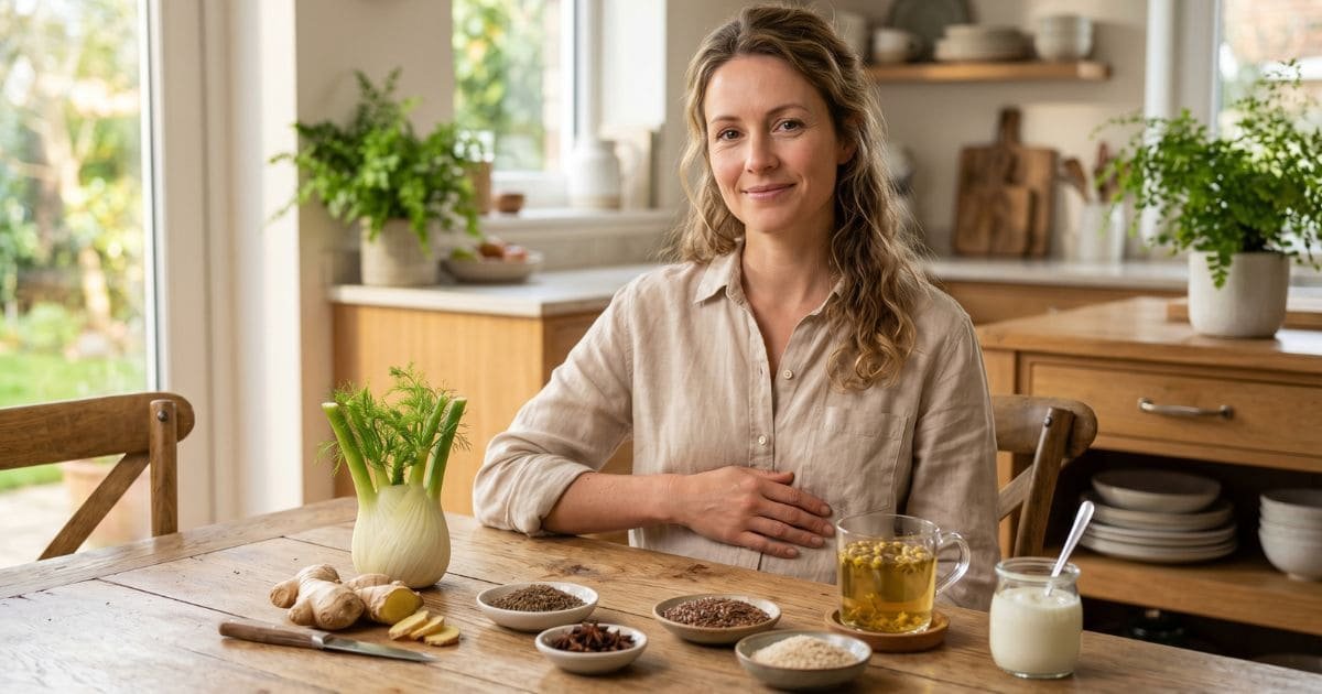 Frau hält bei Blähungen sanft den Bauch, vor ihr stehen Fenchel, Ingwer, Kümmel, Leinsamen und Kräutertee auf einem Holztisch