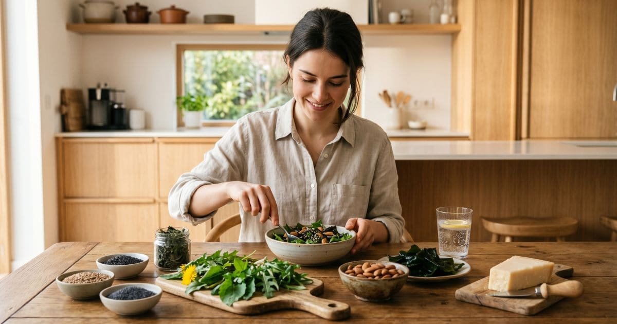 Frau isst Mahlzeit mit calciumreichen Lebensmitteln wie Sesam, Mohn, Wildkräutern, Algen, Mandeln und Käse in heller Küche