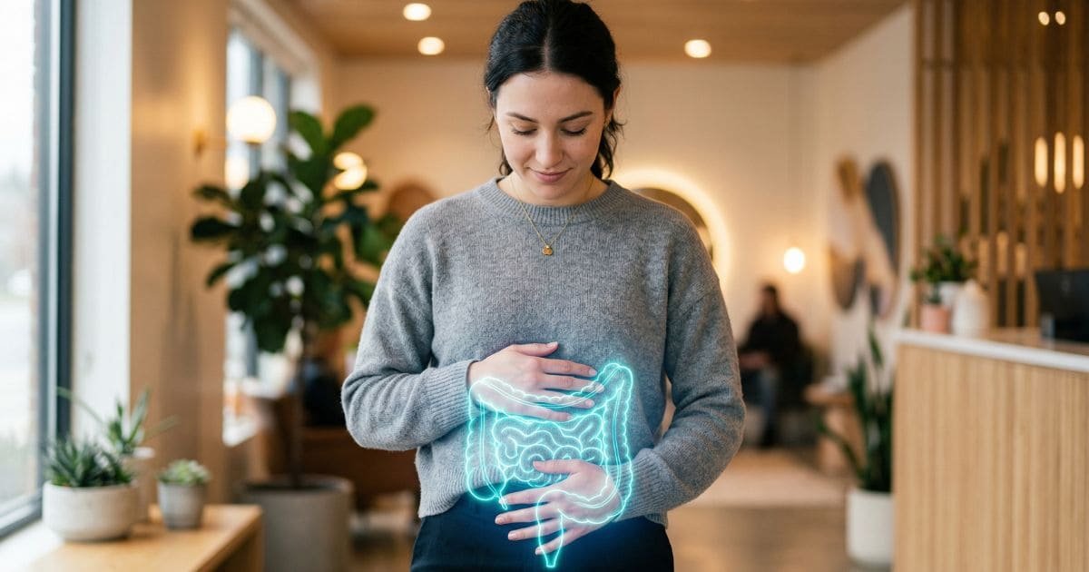 Frau hält Bauch mit leuchtender Darm-Visualisierung als Symbol für Darmflora aufbauen