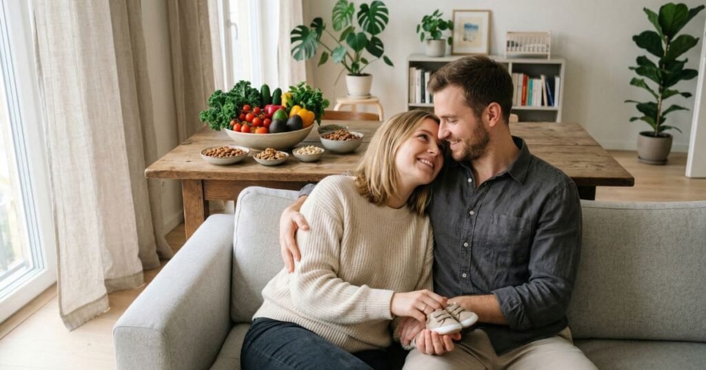 Paar mit Kinderwunsch sitzt entspannt auf Sofa mit gesunder Ernährung im Hintergrund