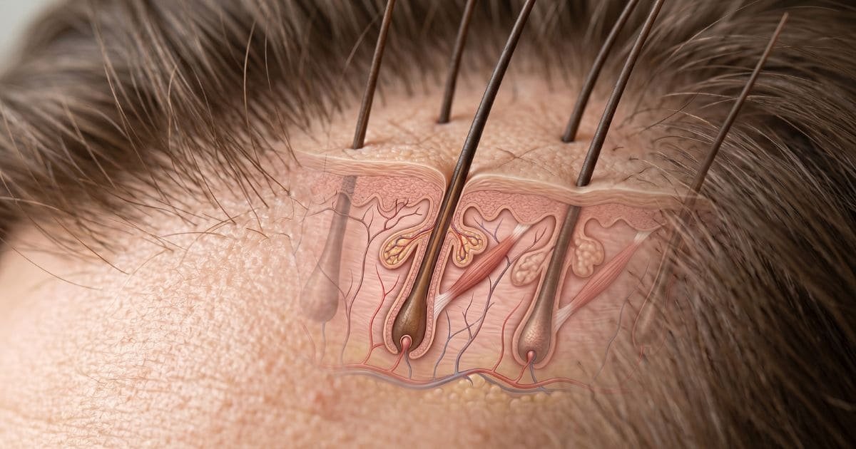 Darstellung einer Haarwurzel mit sichtbaren Strukturen der Kopfhaut und Einfluss von Nährstoffen auf das Haarwachstum