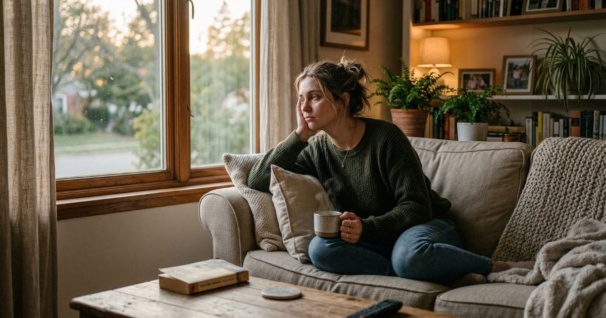 Frau sitzt erschöpft auf dem Sofa und schaut nach draußen bei Müdigkeit und körperlicher Erschöpfung im Alltag