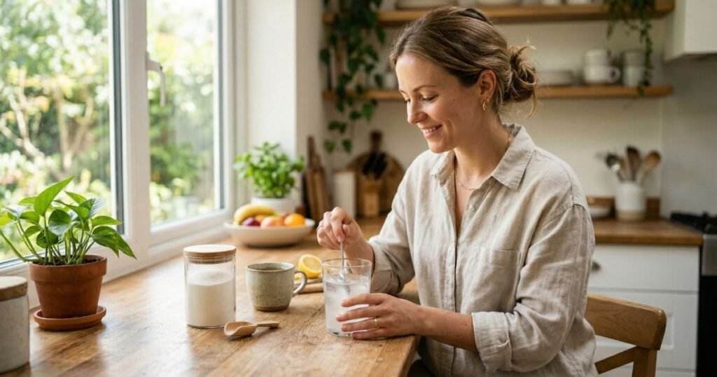 Frau rührt Kollagen Pulver in Wasser ein in heller Küche