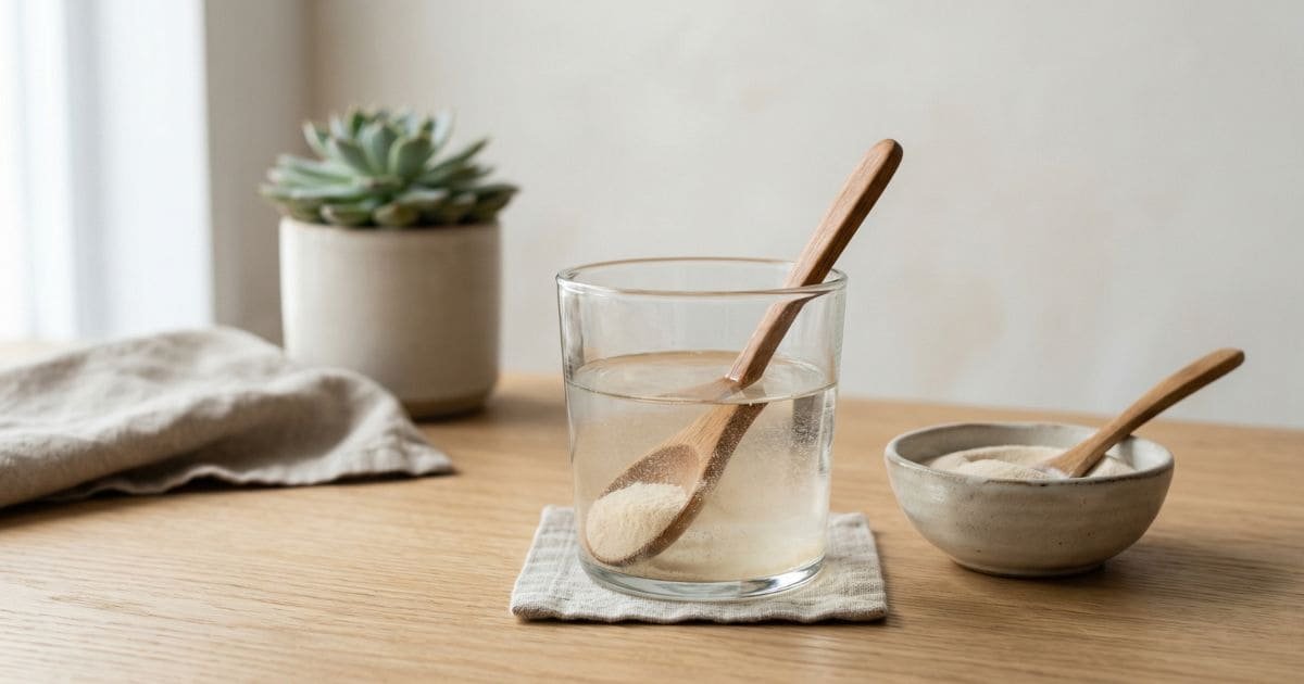 Kollagenpulver in Wasser eingerührt mit Löffel in Glas