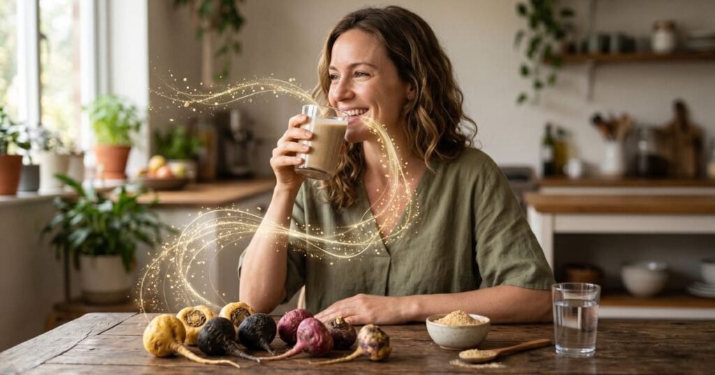 Frau trinkt Maca Getränk am Tisch mit verschiedenen Maca Wurzeln und Pulver im Vergleich