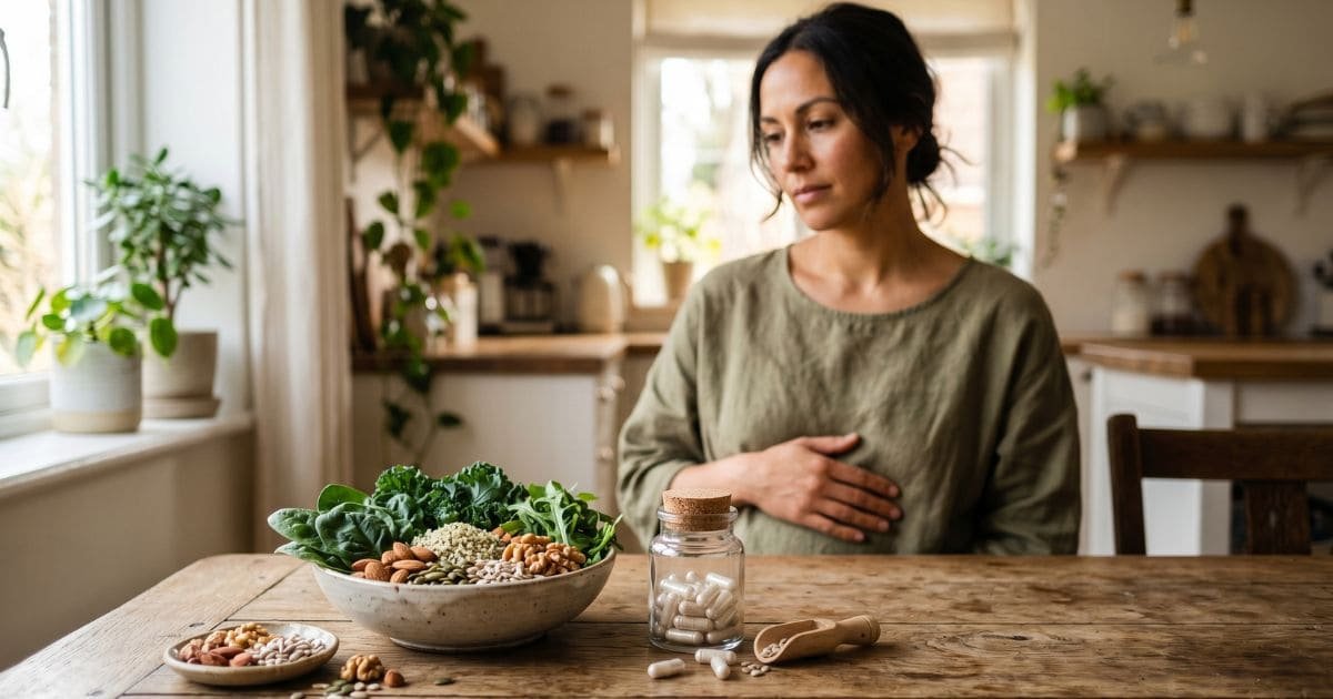 Frau hält sich den Bauch nach Magnesium Einnahme mit Nahrungsergänzung und magnesiumreichen Lebensmitteln im Vordergrund